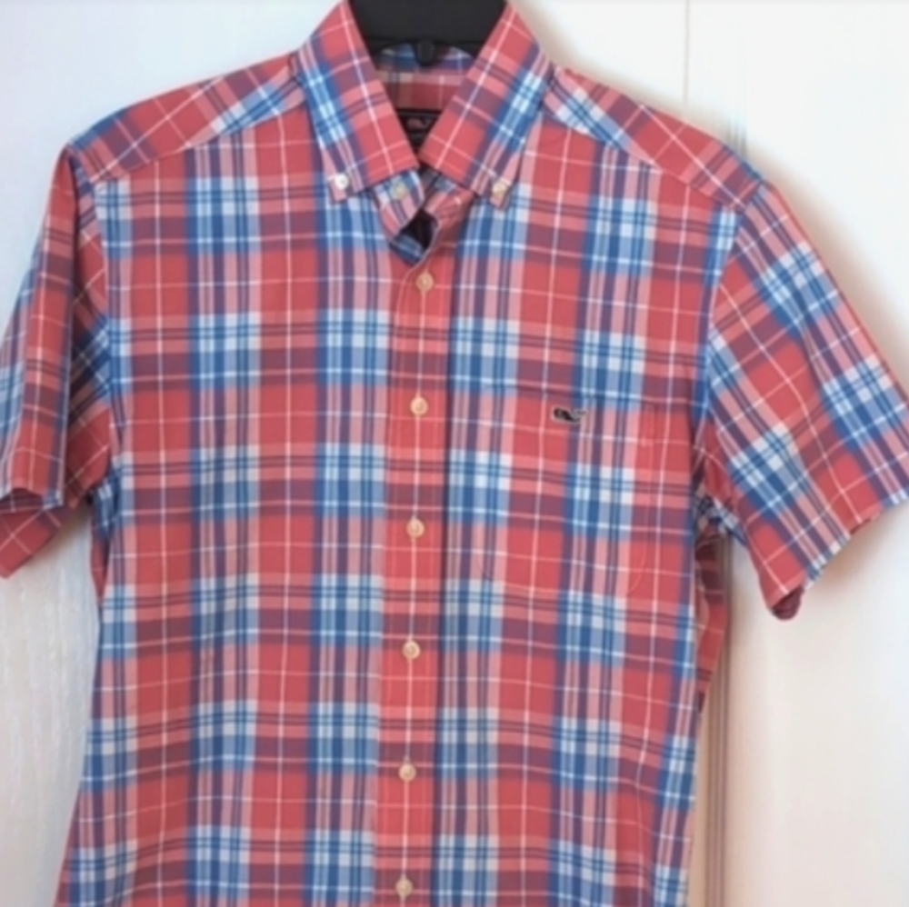 Vineyard Vines Short Sleeve Whale Shirt. Pink/Blue Plaid. Size XS